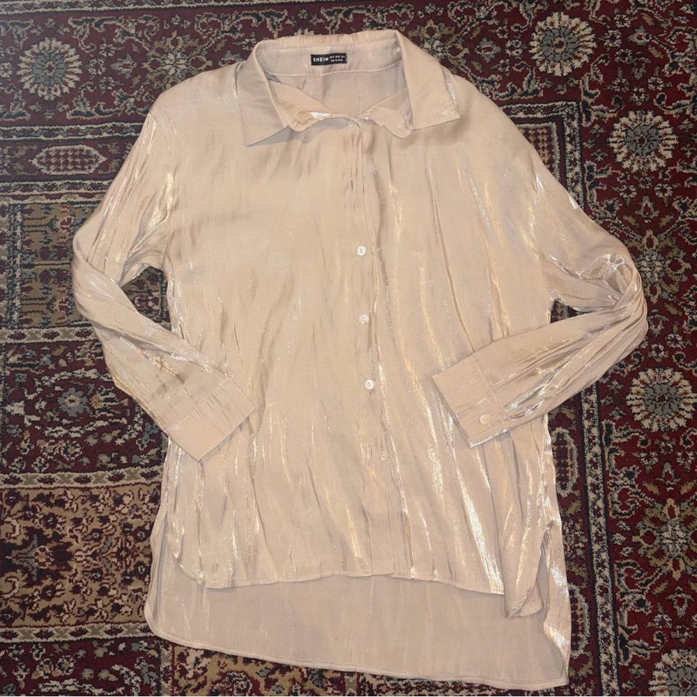 SHEIN Shimmering Cream Button-Down Shirt